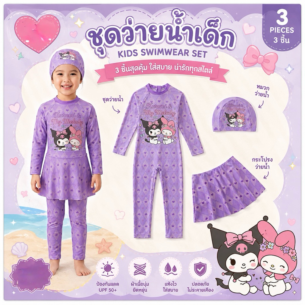 ชุดว่ายน้ำงานป้าย ซิปหลัง ผ้ายูวีกันแดด เนื้อดีและหนา ไม่บาง มีซิปหลัง เซท 3 ชิ้น บอดี้สูท และกระโปรงแยก พร้อมหมวก