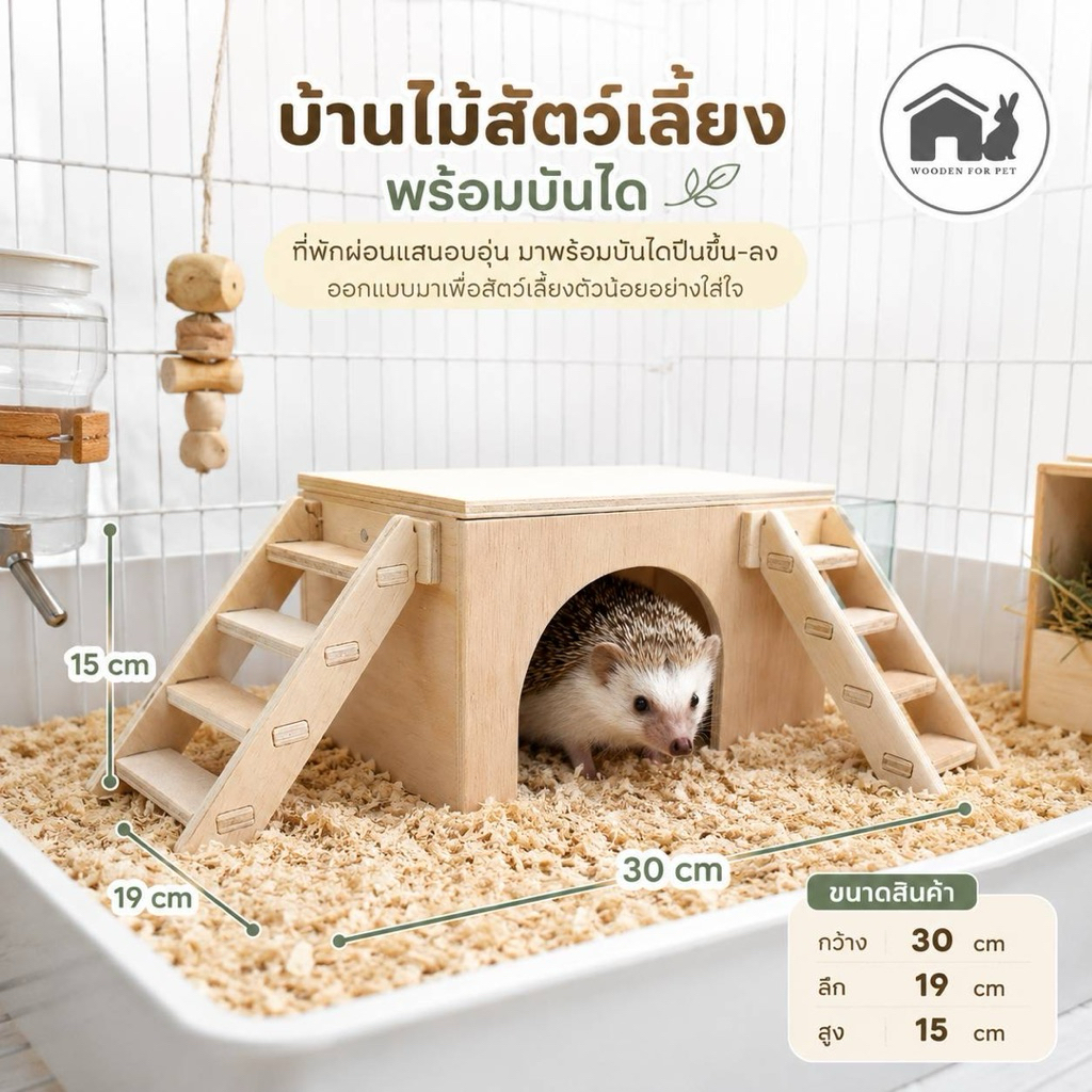 บ้านไม้หลบสัตว์เลี้ยงมีบันได **แบบทึบ** บ้านไม้กระต่าย หนูแกสบี้ เม่นแคระ เต่า แพรี่ด็อก