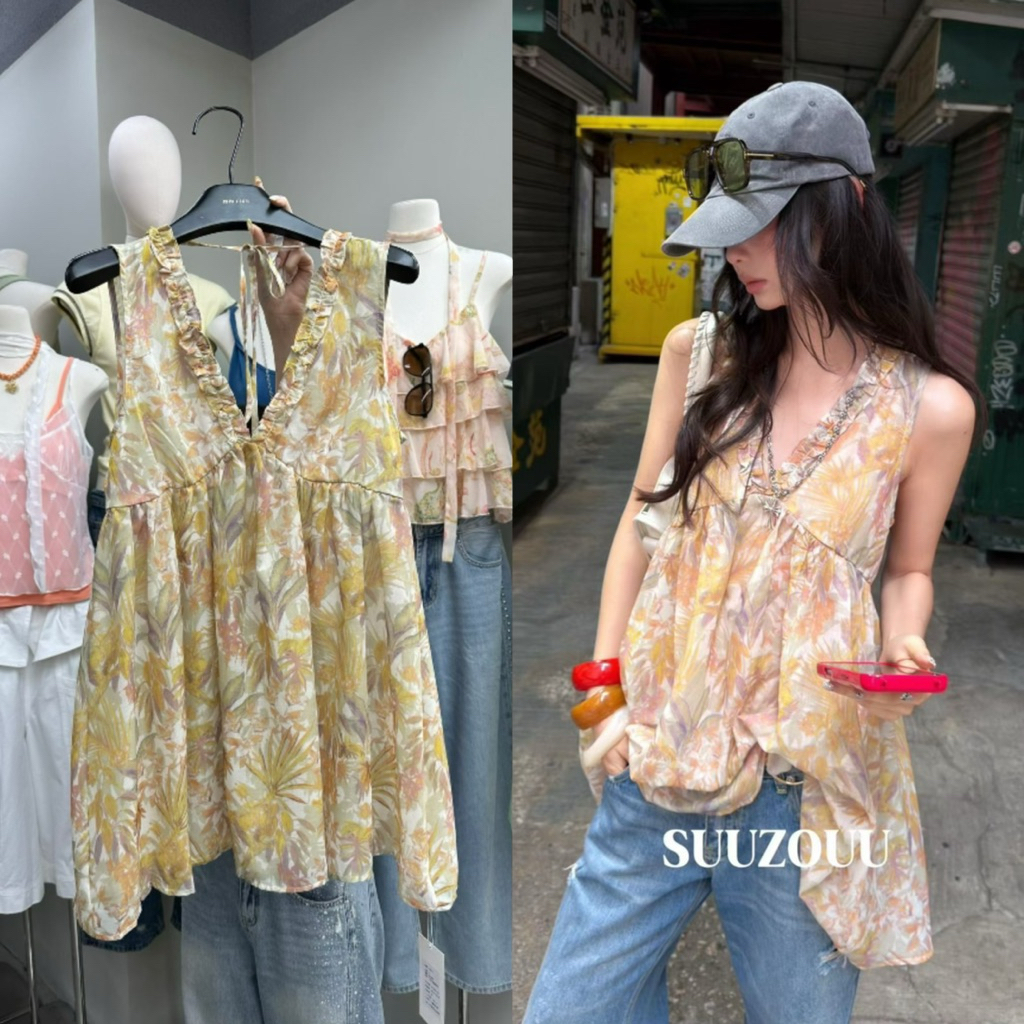 #SU213 26C 🇰🇷เสื้อแขนกุด ทรงยาว คอวีแต่งขอบ ลายดอกไม้ ด้านหลังแต่งเชือกผูก Tag MMfish🇰🇷