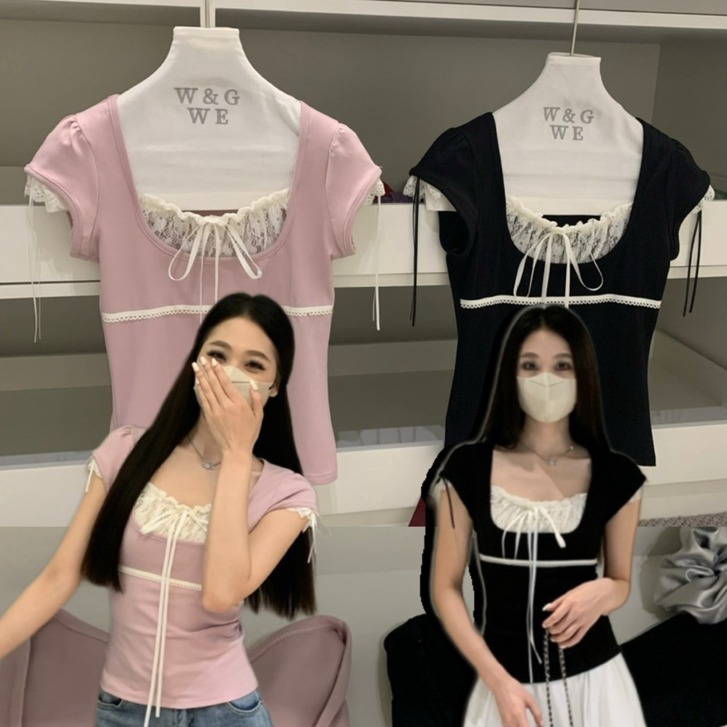 9406# เสื้อแขนสั้นคอเหลี่ยม เย็บติดลูกไม้ช่วงอก เนื้อผ้ายืดหยุ่นได้เยอะ TAG:WG.WE