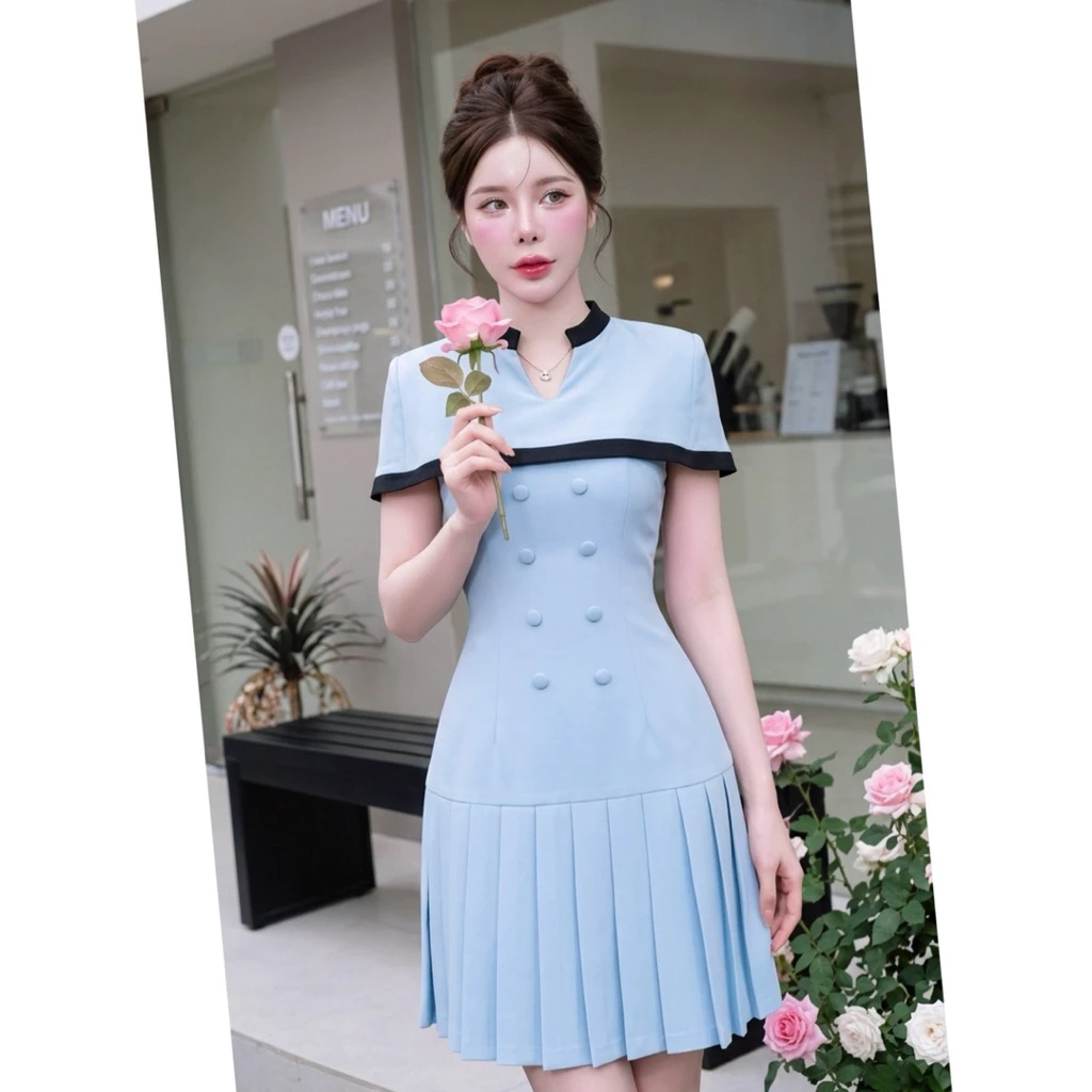 D282 เดรสเสื้อคลุมขอบดำจีบหน้า มีไซส์ S-3XL ความยาว 34-35 นิ้ว