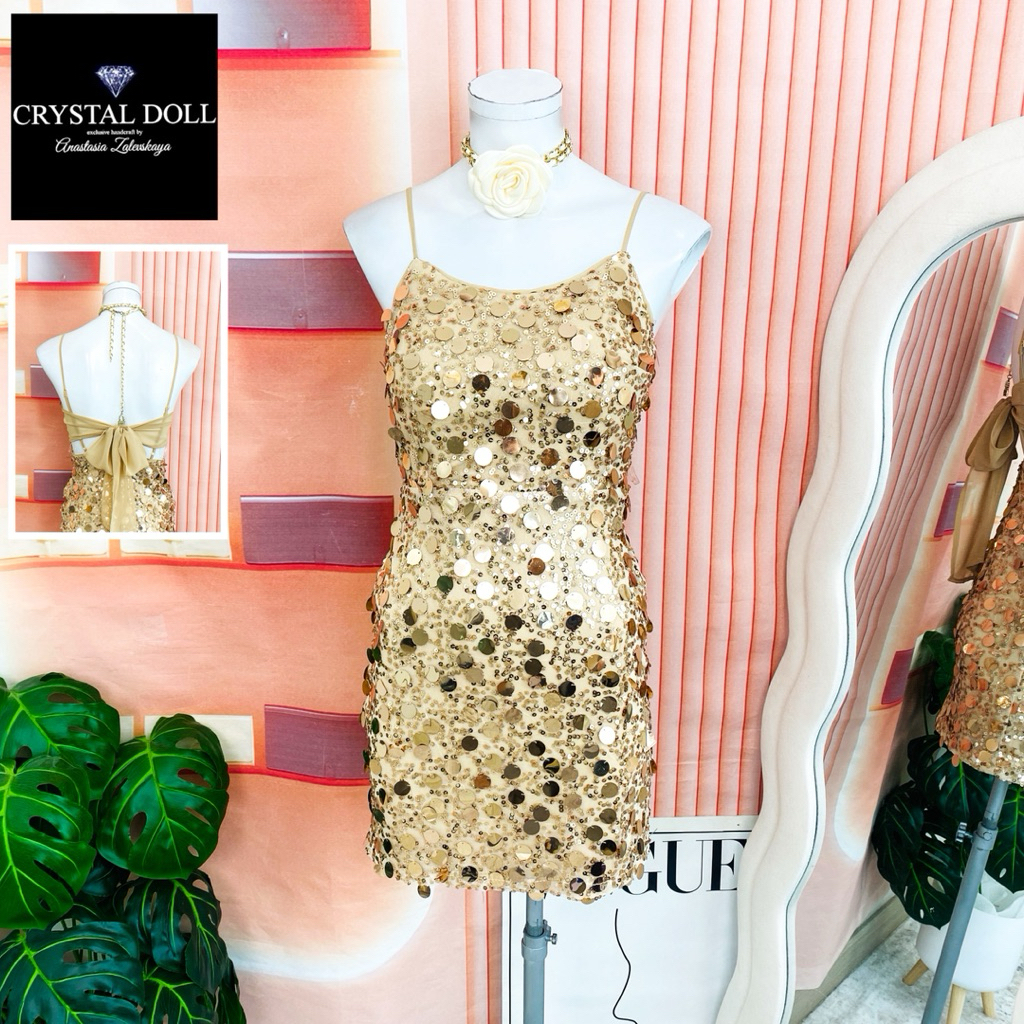 ไซด์ S แบรนด์ Crystal แท้ 100%🌸เดรส เกล็ดหูช้าง ผูกโบว์หลัง งานเกล็ดวิบวับ สีโรสโกล ใส่ออกงาน เดรสออกงาน ชุดปาร์ตี้2