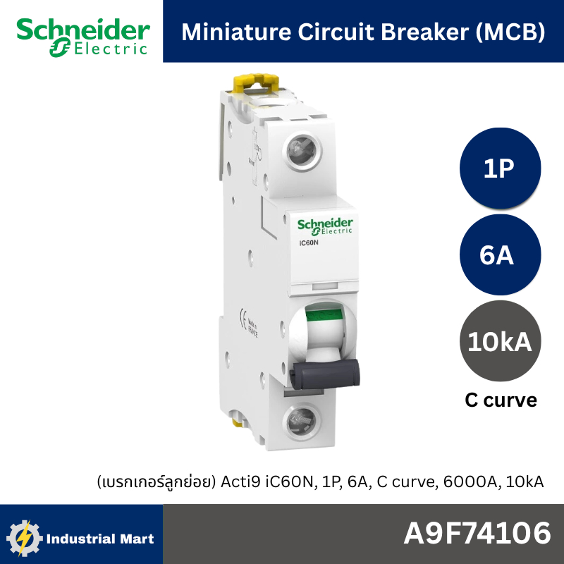 Schneider A9F74106 MCBActi9 iC60N C-Curve,400VAC,1P 6A 10kA
