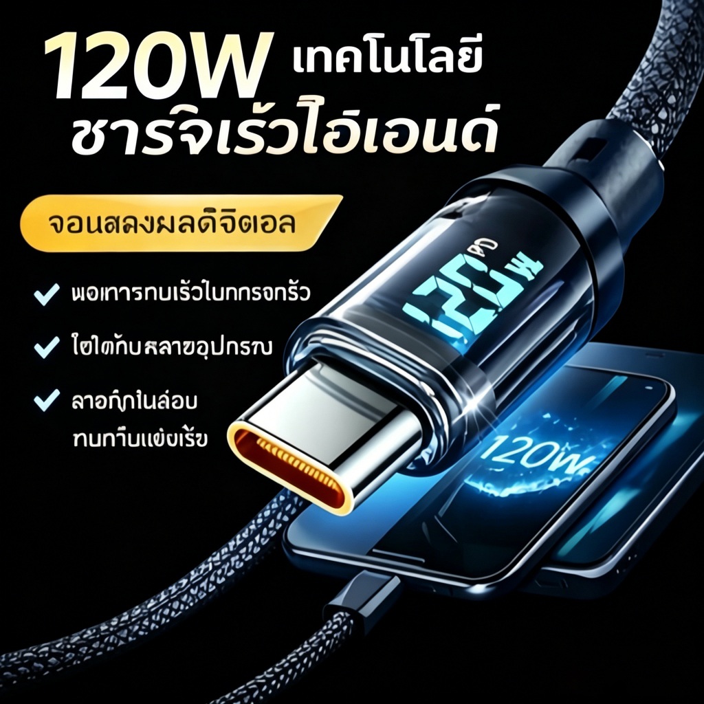 Throttle สายชาจแบตเร็ว 120W/6A สายชาร์จUSB Type C รองรับLED สายยาว1เมตร2เมตร