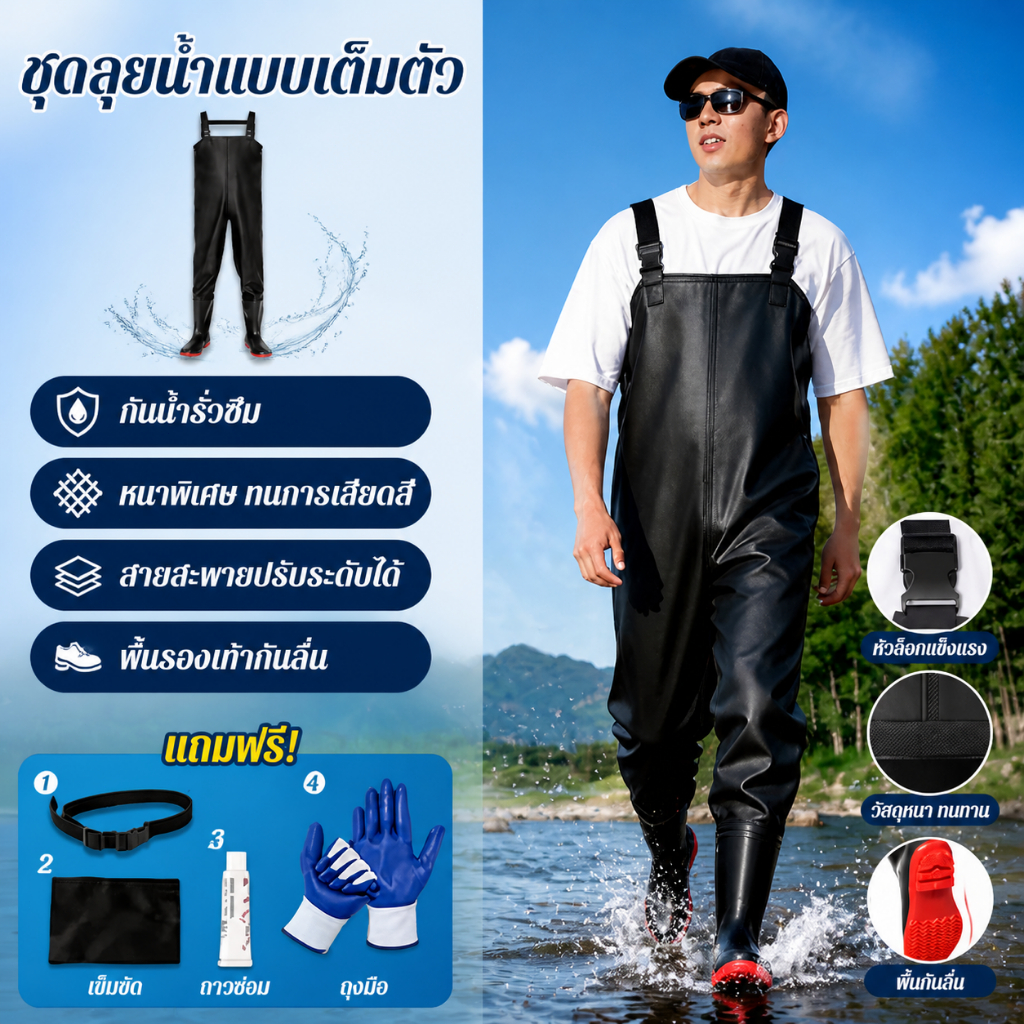 【หนาพิเศษทนทาน】ชุดเอี๊ยมกันน้ำ PVC กางเกงบูทกันน้ำ ชุดคลุมกันน้ำพร้อมรองเท้าบูท waterproof pants ไซต์ 40-45