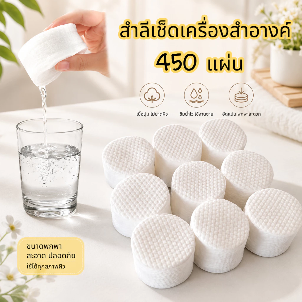 สำลีเช็ดเครื่องสำอางค์ (450 แผ่น) ใช้งานสะดวก พกพาง่าย เนื้อสัมผัสนุ่ม ไม่บาดผิว