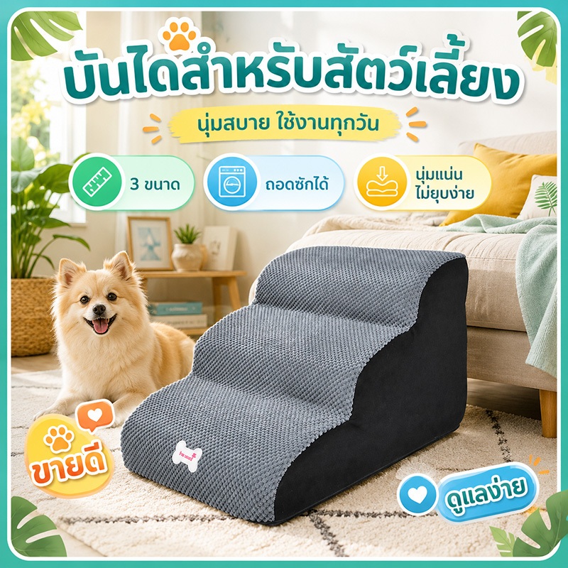 บันไดสัตว์เลี้ยง รุ่นแบบนุ่ม บันไดสุนัข หมา แมว บันไดปีนเตียงแบบถอดซักได้ Pet Safety Ramp