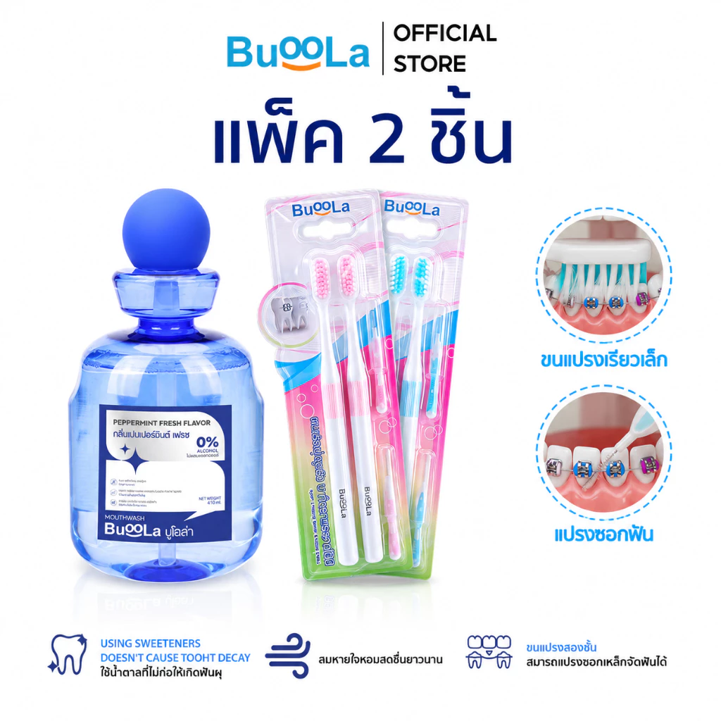 [Set คู่ 2 ชิ้น] Buoola น้ำยาบ้วนปากกลิ่นเปปเปอร์มินท์ 1 ขวด+แปรงสีฟัน 1 แพค (สำหรับคนจัดฟัน) ขนแปรงนุ่ม ปากหอมสดชื่น