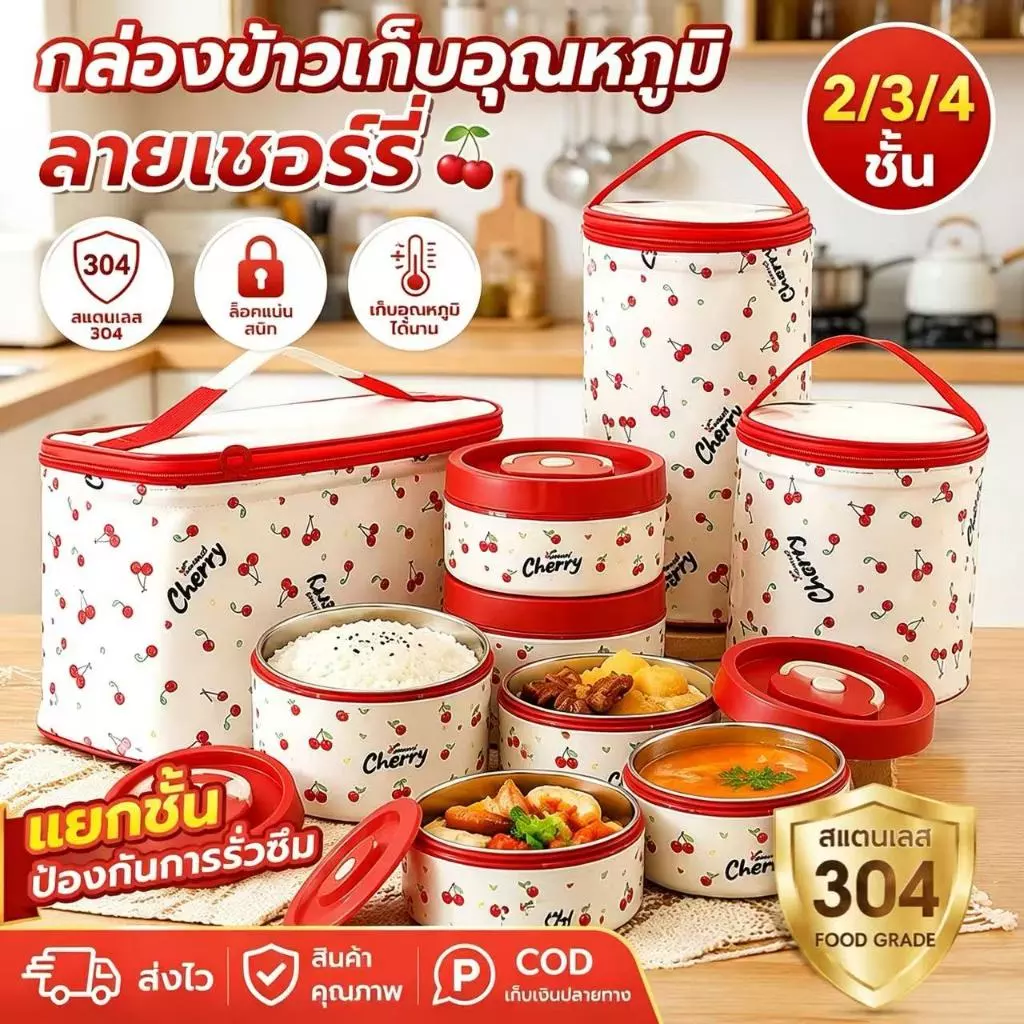 กล่องข้าว 2/3/4 ชั้น ปิ่นโต กล่องอาหาร เก็บอุณหภูมิได้ 304 กล่องอาหารสแตนเลส เข้าไมโครเวฟได้ ฟรีกระเป่าชุดทันอาหาร