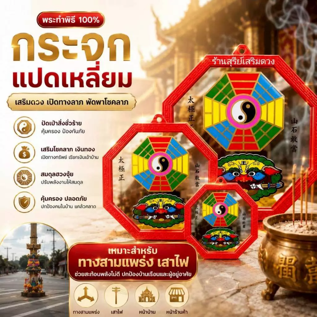 🔥ผ่านพิธี🔥กระจกแปดเหลี่ยมสิงห์คาบดาบ 🚩รุ่นดั้งเดิม 3/5/8/10 นิ้ว กระจกแท้ chainaluck แก้ฮวงจุ้ย กระจก8เหลี่ยมสิงห์คาบดาบ
