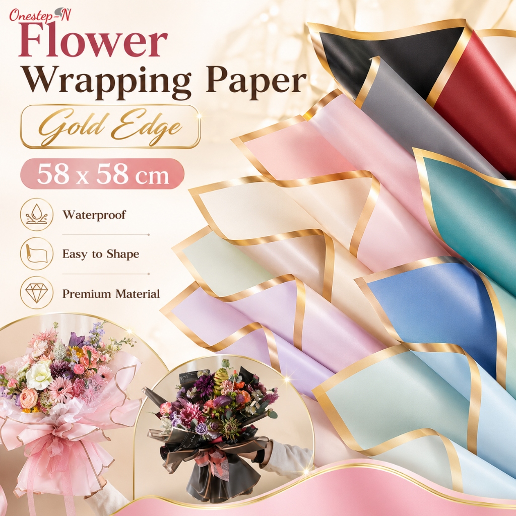 กระดาษห่อดอกไม้ ขอบทอง สีพาสเทล กันน้ำ 20 แผ่น 58x58 ซม สำหรับห่อช่อดอกไม้ ห่อของขวัญ