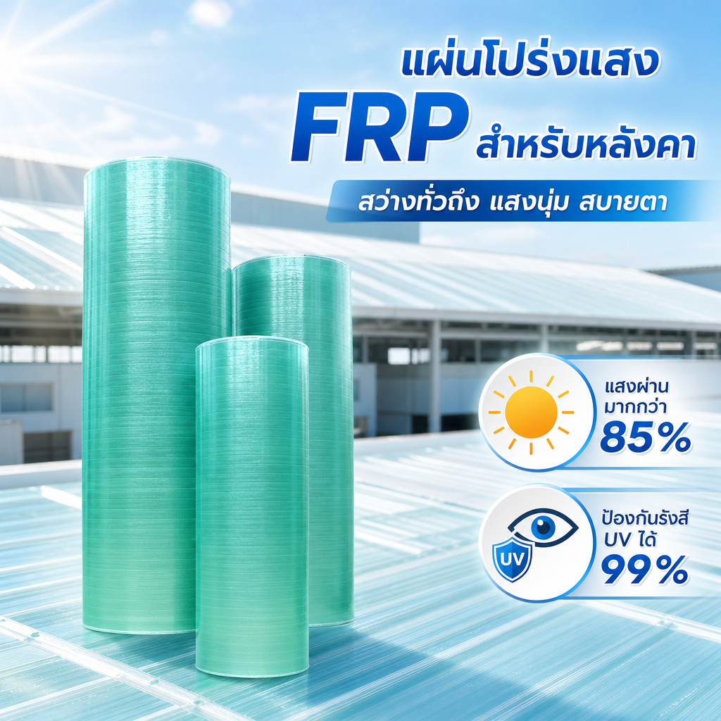 แผ่นหลังคาโปร่งแสง หลังคาใส วัสดุไฟเบอร์กลาส FRP มีขนาดยาว 1/2/5/6/7/8/10 ม. ส่งฟรีทั่วไทย