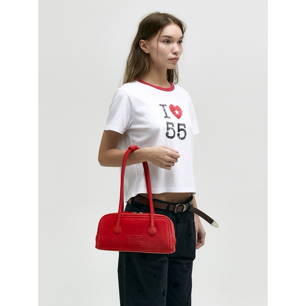 Margesherwood Soft Baguette Bag -> SOFT BOSTON EW (red suede, black croc-effect suede) กระเป๋ารุ่นฮิตแบรนดังเกาหลี