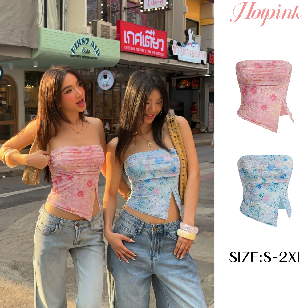 Hotpink ส่งจาก Bangkokเสื้อกล้ามอกครึ่งลายดอกไม้ ทรงไม่สม่ำเสมอ สไตล์หวานสแปง ผอมเรียว เซ็กซี่ ใส่นอกได้ แฟชั่นฤดูร้อน