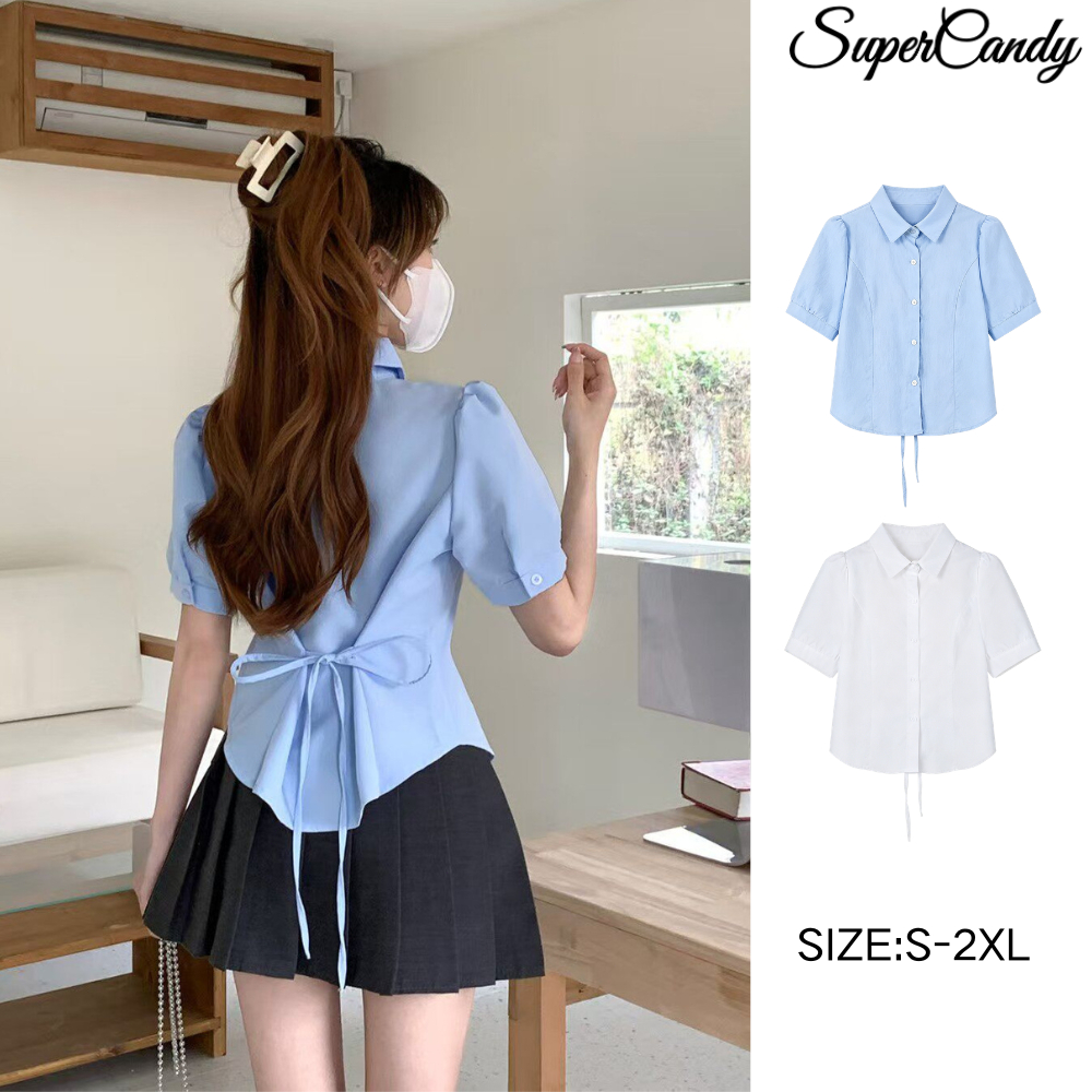 SuperCandy🌷เสื้อเชิ้ตผู้หญิงฤดูร้อน สไตล์คอลเลจ แขนฟูนุ่ม มีเชือกผูกปรับเอวได้ ลุคสุดพิเศษไม่เหมือนใคร
