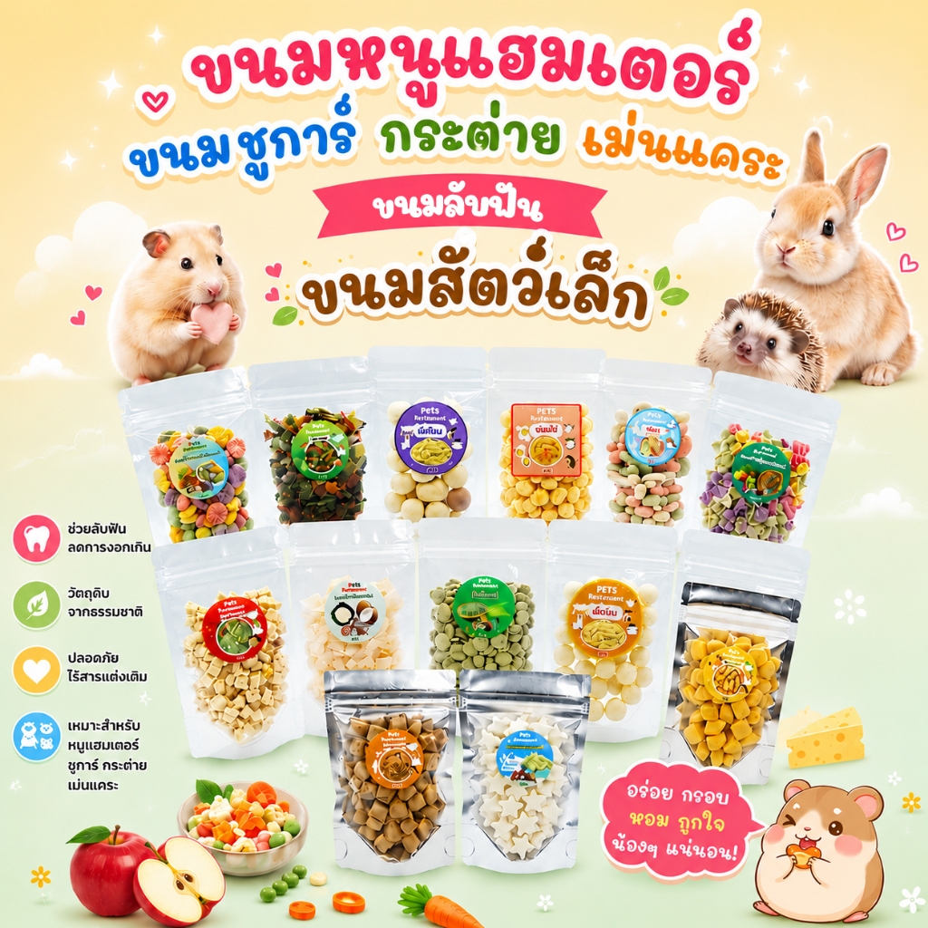 ขนมหนูแฮมเตอร์ ขนมชูการ์ กระต่าย เม่นแคระ ขนมลันฟัน สำหรับให้ทานเล่นเสริมโปรตีน ไฟเบอร์ มีวิตามิน หอมน่าทาน