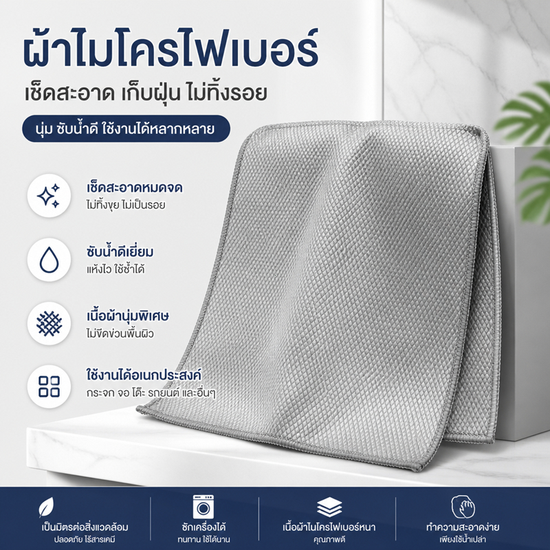 ผ้าไมโครไฟเบอร์เช็ดกระจก ซับน้ำดี ไม่ทิ้งรอยขีดข่วน แห้งเร็ว ไม่เป็นคราบน้ำ ใช้เช็ดหน้าจอ