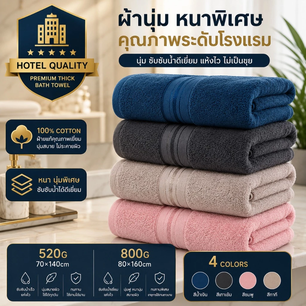 ผ้าเช็ดตัวผ้าฝ้ายแท้ น้ำหนัก 520 กรัม นุ่ม ซึมซับดีเยี่ยม แนบสนิทกับผิว ผ้าเช็ดตัวหนาพิเศษ