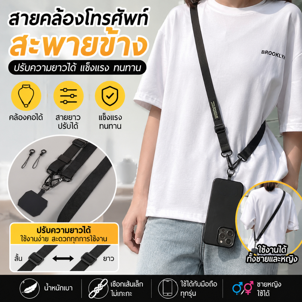 สายคล้องโทรศัพท์ เชือกเส้นเล็ก แขวนคอ สะพายข้าง ปรับความยาวได้ แข็งแรง ทนทาน ใช้ได้ทั้งชายหญิง