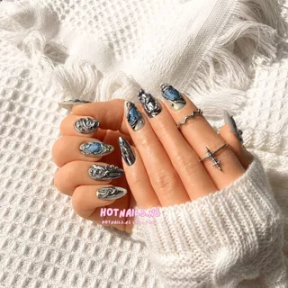 HOTNAILS.NS 🔥พร้อมส่ง ไม่ต้องรอพรีฯ🔥เล็บปลอมเจลแฮนด์เมด 100% แถมอุปกรณ์ติดเล็บฟรี | ลาย Y2K น้ำเงิน