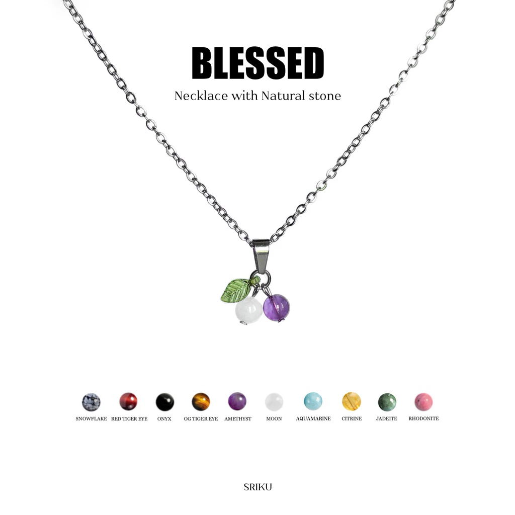 [SRIKU] สร้อยคอจี้หินมงคล - BLESSED (เลือกหินเองได้) สร้อยสแตนเลส ไม่ลอกดำ หินแท้ขนาด 6 มิล handmade
