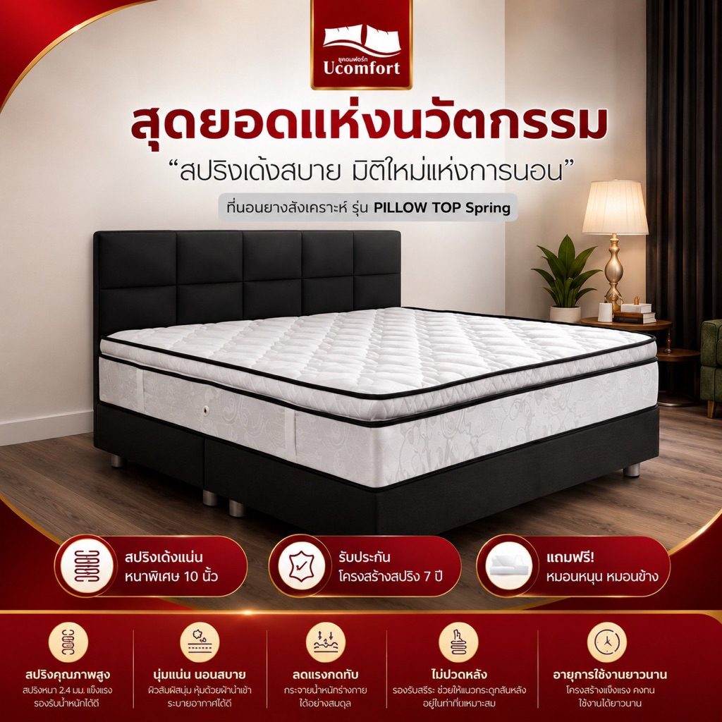 UCOMFORT รุ่น pillowTOPSpring (ucomfort) หนา 10 นิ้ว ส่งฟรี (แถมหมอนหนุนและหมอนข้าง)