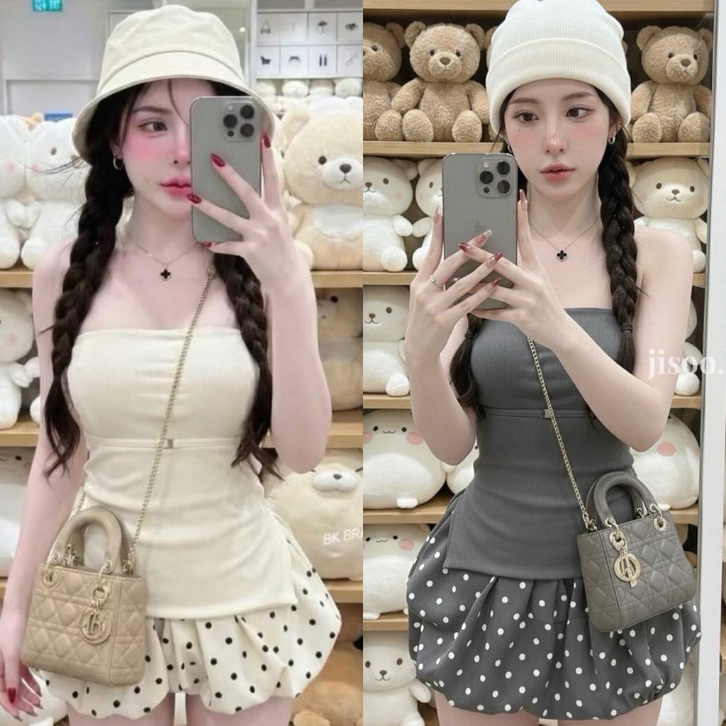 ชุดเซ็ต 2 ชิ้น  เสื้อเกาะอก+กางเกงขาสั้นบอลลูน