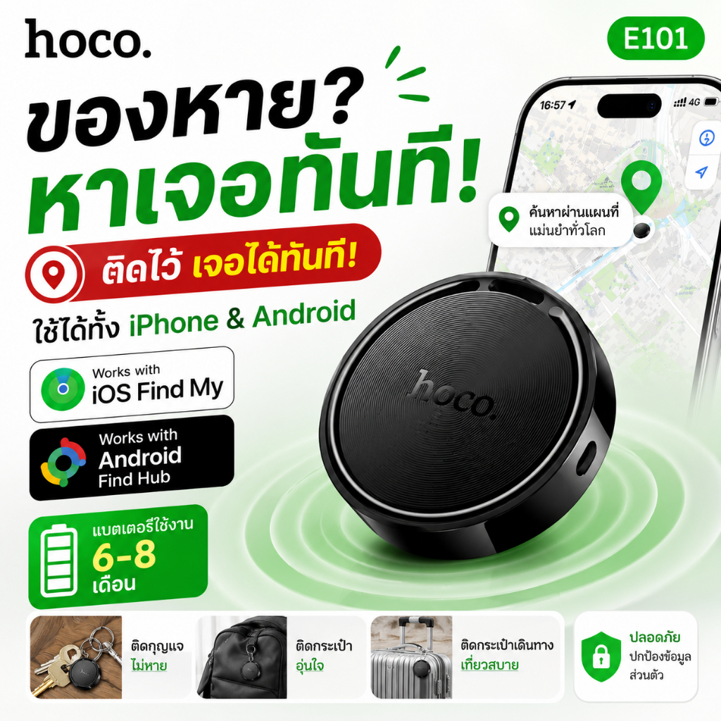 HOCO E101 GPS Tracker Tag อุปกรณ์ติดตามของหาย รองรับ iOS Find My & Android Find Hub Smart Anti-Loss Device