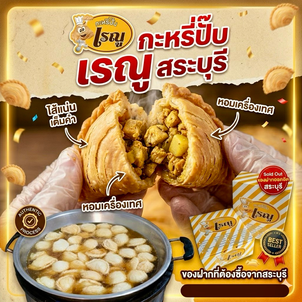 เรณู กะหรี่ปั๊บเรณู คละไส้ได้ (10ชิ้น/กล่อง) เจ้าดังกะหรี่ปั๊บสระบุรี ของฝากสระบุรี ขนมเปี๊ยะสระบุรี