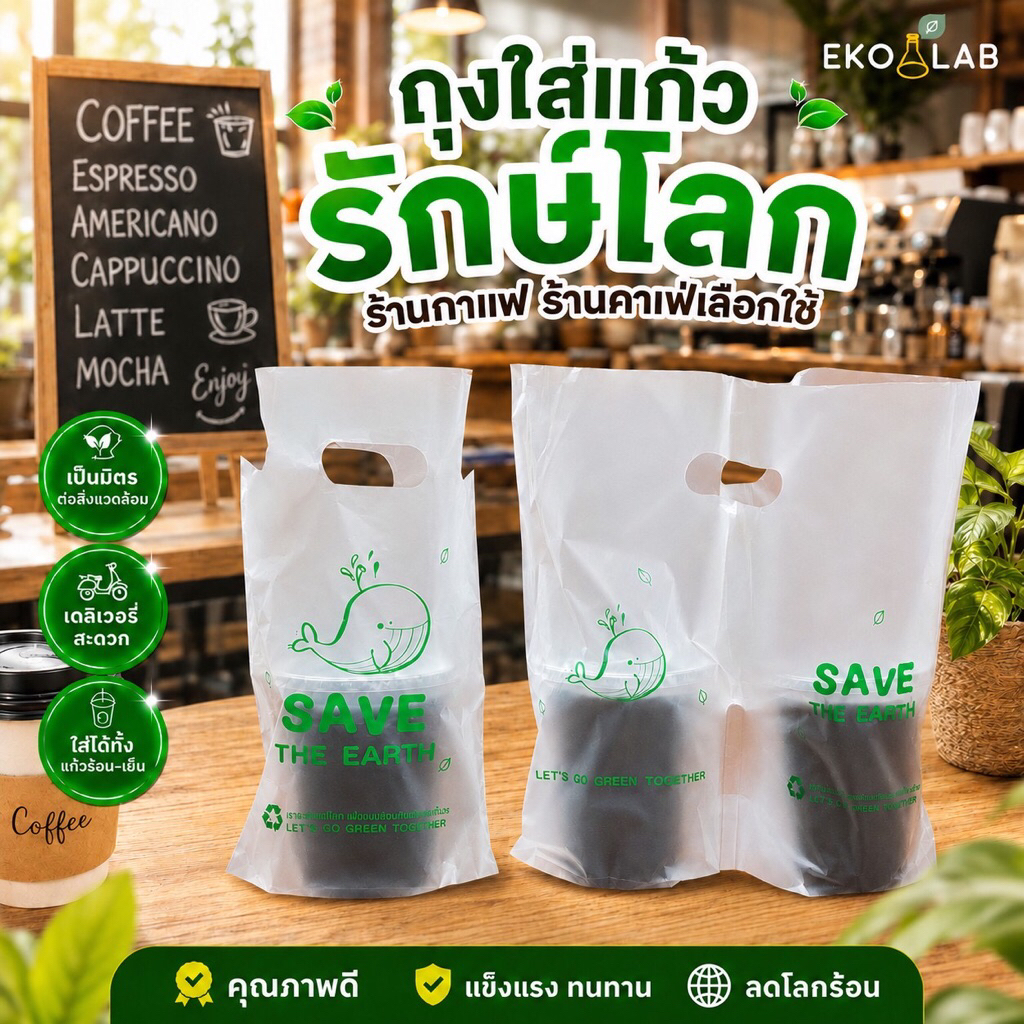 ถุงหิ้วแก้ว ถุงใส่แก้วกาแฟรักษ์โลก ถุงแก้วเดี่ยว ถุงแก้วคู่ 16-22 ออนซ์ พิมพ์ลาย ถุงใส่แก้วใบใหญ่