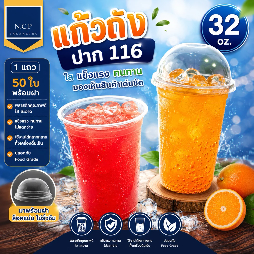 แก้วถัง 32 Oz + ฝาโดม116 จำนวน50ใบ เเก้วถัง เเก้วโอ่งราคาพิเศษ แก้ว 32 ออนซ์