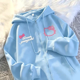 เสื้อฮู้ดซิปผู้หญิง Kitty ลาย Green gungchi สีน้ำตาล Oversize ผ้านุ่มใส่สบาย แฟชั่นสไตล์วินเทจ