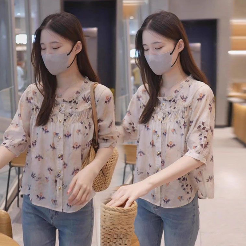 Dahong 99433  เสื้อเชิ้ตลายดอกไม้ระบายอากาศทรงหลวมสไตล์ฝรั่งเศสสําหรับผู้หญิง แฟชั่นเกาหลีแขนสั้น