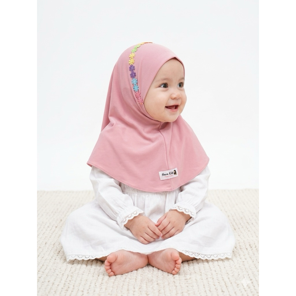 ฮีญาบเด็กรุ่น(ลูกไม้สีรุ้งคาดหัว)เนื้อผ้าใส่สบาย สำหรับเด็กผู้หญิงแรกเกิด-3ขวบ