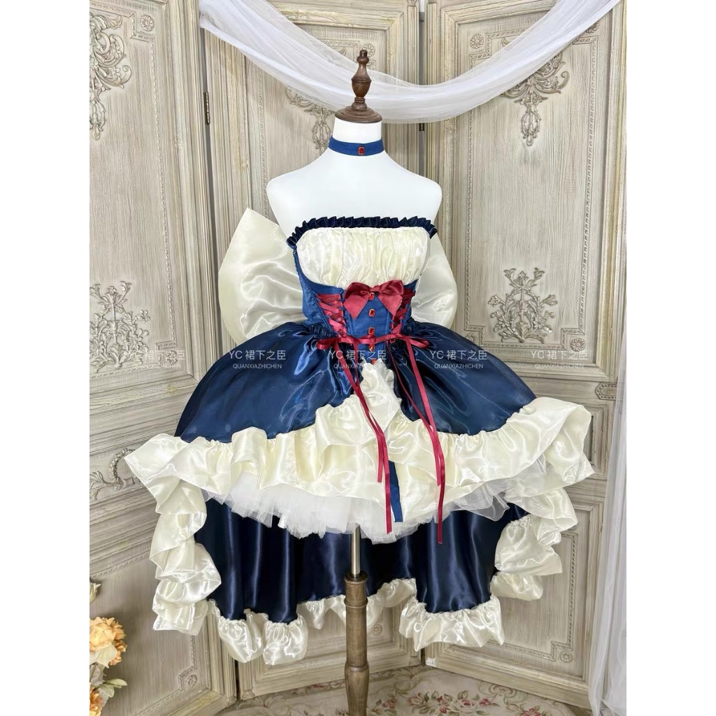 ชุดวันเกิด Lolita สีฟ้าสูง ฤดูใบไม้ผลิ ฤดูร้อน สาวใหม่ ผู้หญิง หวาน หรูหรา โบว์ใหญ่ Trailing Puff Dress ชุดเย็นสาว