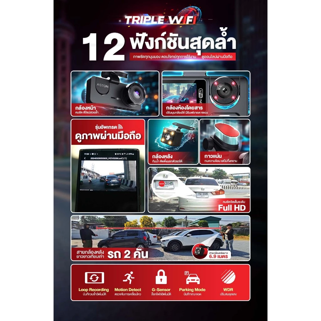 [ขายดีอันดับ1] กล้องติดรถยนต์ 3 กล้อง Aston Triple Wifi กล้องรถสเตฟาน FHD รองรับบันทึกขณะจอด 24ชม DashCam รับประกัน 1 ปี thumbnail 4