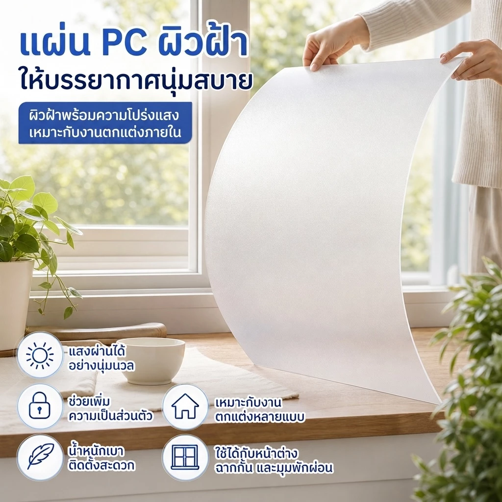 PC แผ่นอะคริลิคใส แผ่น PC ผิวฝ้า โปร่งแสง ให้แสงนุ่มนวล เพิ่มความเป็นส่วนตัว น้ำหนักเบา ติดตั้งสะดวก