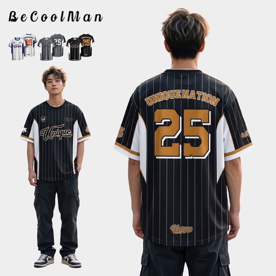 💥BecoolMan💥เสื้อยืดแห้งเร็ว ชุดกีฬาฟุตบอล ลายทาง พิมพ์ลายดิจิตอล ผ้าระบายอากาศ คอกลม สีตัดกัน ใส่ได้ทั้งชายและหญิง