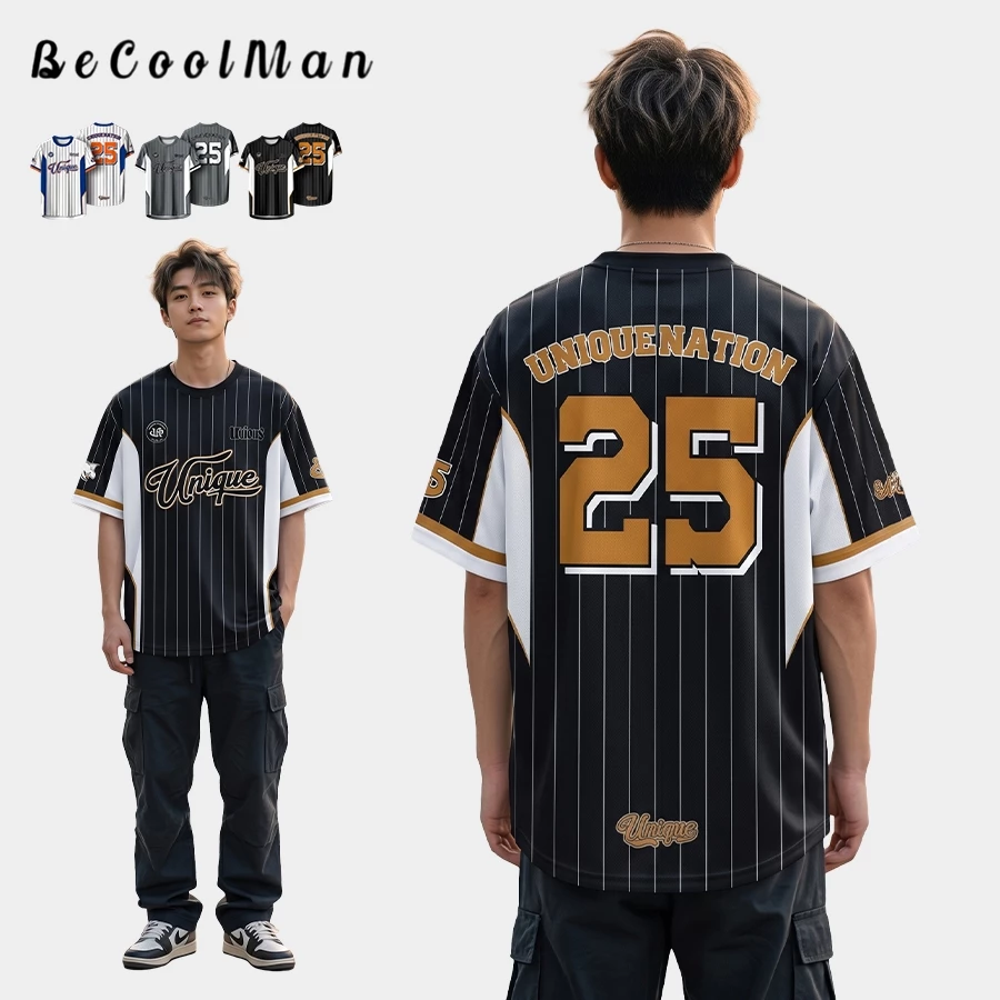 💥BecoolMan💥เสื้อยืดแห้งเร็ว ชุดกีฬาฟุตบอล ลายทาง พิมพ์ลายดิจิตอล ผ้าระบายอากาศ คอกลม สีตัดกัน ใส่ได้ทั้งชายและหญิง