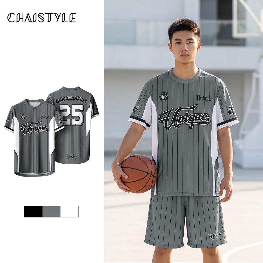 Chaistyle เสื้อยืดลายทางแห้งเร็ว การพิมพ์ดิจิทัล คอกลม ชุดกีฬาฟุตบอล เย็บต่อสีตัดกัน ผ้าระบายอากาศสำหรับผู้ชายและผู้หญิง
