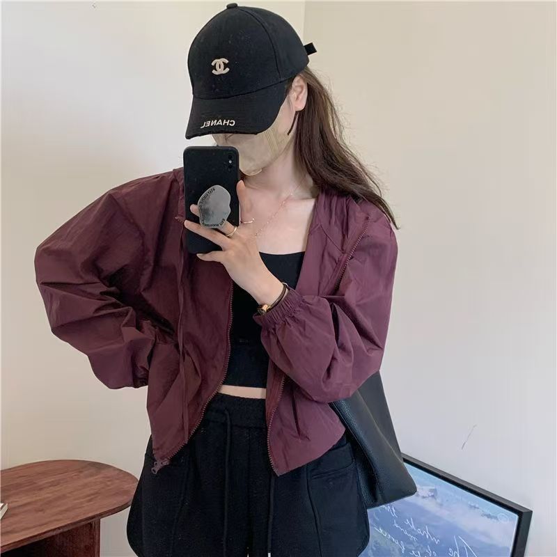🧥【SY】แจ็คเก็ตสั้นเก๋ๆ สีทึบ เนื้อบาง ดรอว์สตริงปรับเอว กันลม ใส่เที่ยวหรือใส่ทำงานก็ปัง M-L