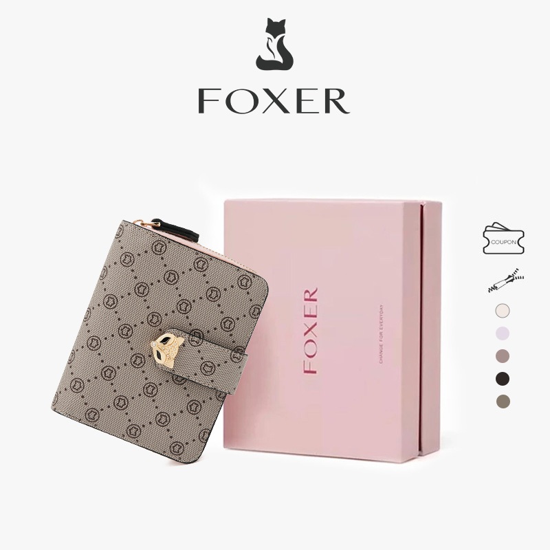 FOXER กระเป๋าสตางค์สุภาพสตรีซิปสั้น กระเป๋าสตางค์ใส่เหรียญ กระเป๋าสตางค์ใบสั้น การออกแบบวงกลม