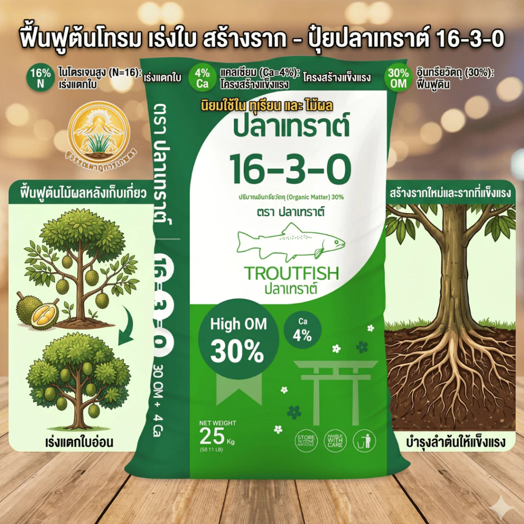 ปุ๋ยปลาเทราต์ สูตร 16-3-0 ฟื้นฟูต้นพืชหลังเก็บเกี่ยว เร่งแตกใบอ่อน สร้างรากใหม่ และบำรุงลำต้นให้แข็งแรง นิยมใช้ในไม้ผล