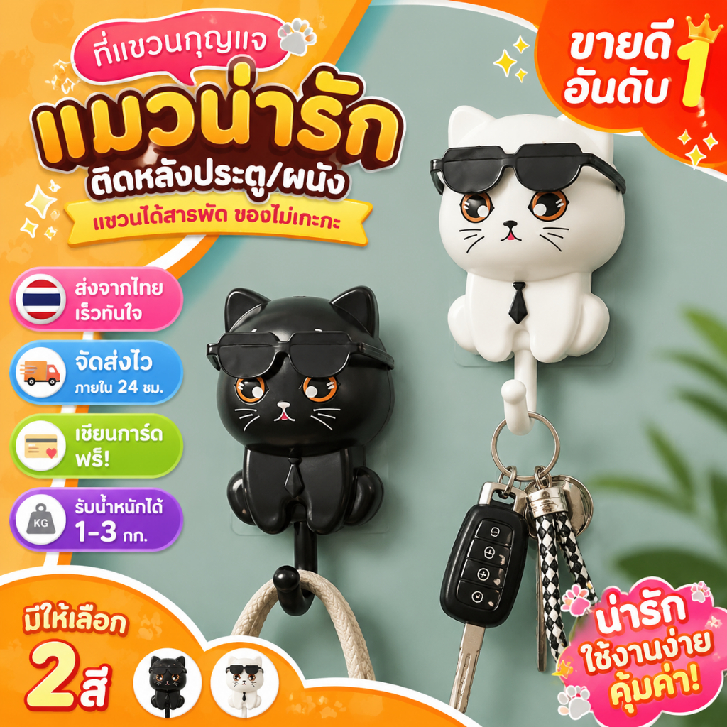 ตะขอติดผนังแมวกวัก รับน้ำหนัก 3kg ไม่ต้องเจาะ ติดประตู ห้องครัว ห้องน้ำ