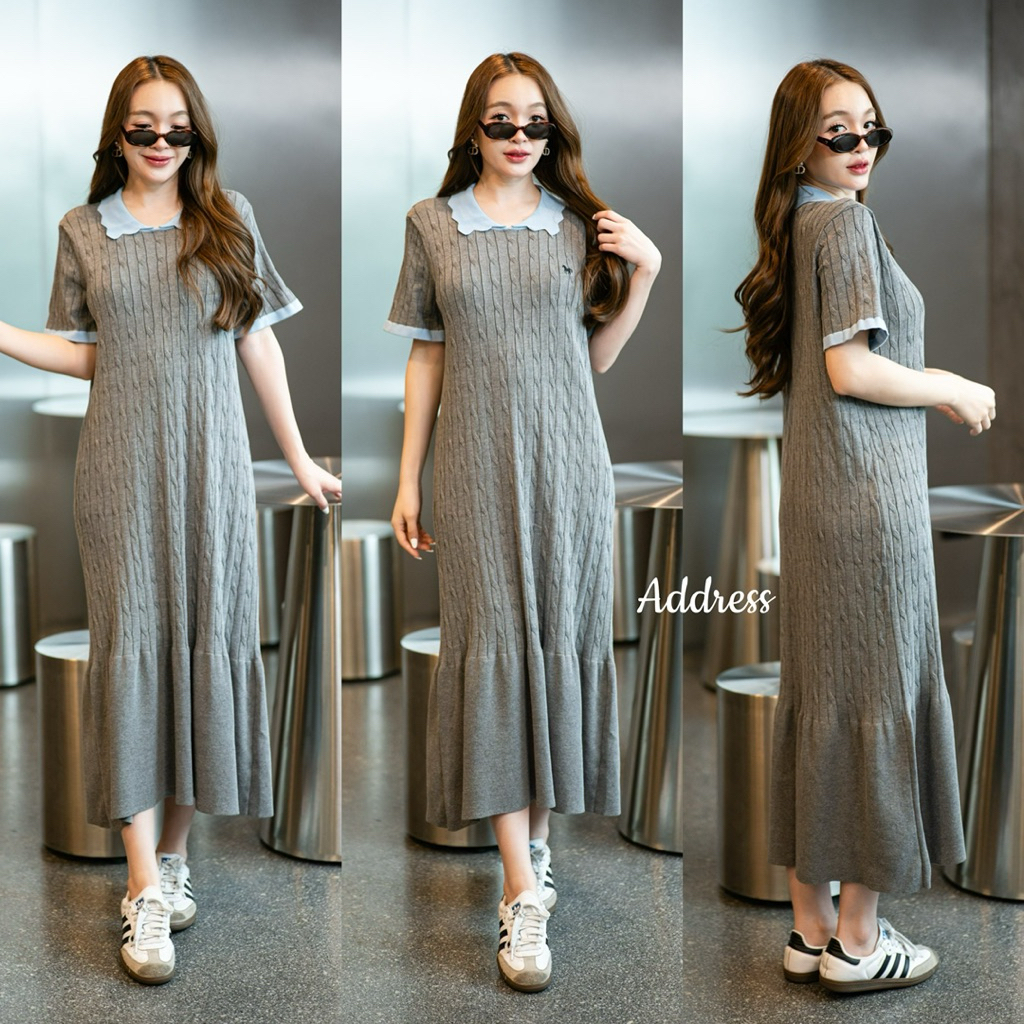 🌈🌿🌼🌸🌺🩶💙🇰🇷 Knit Texture polo Collar Frill Bottom Short Sleeve Maxi Dress