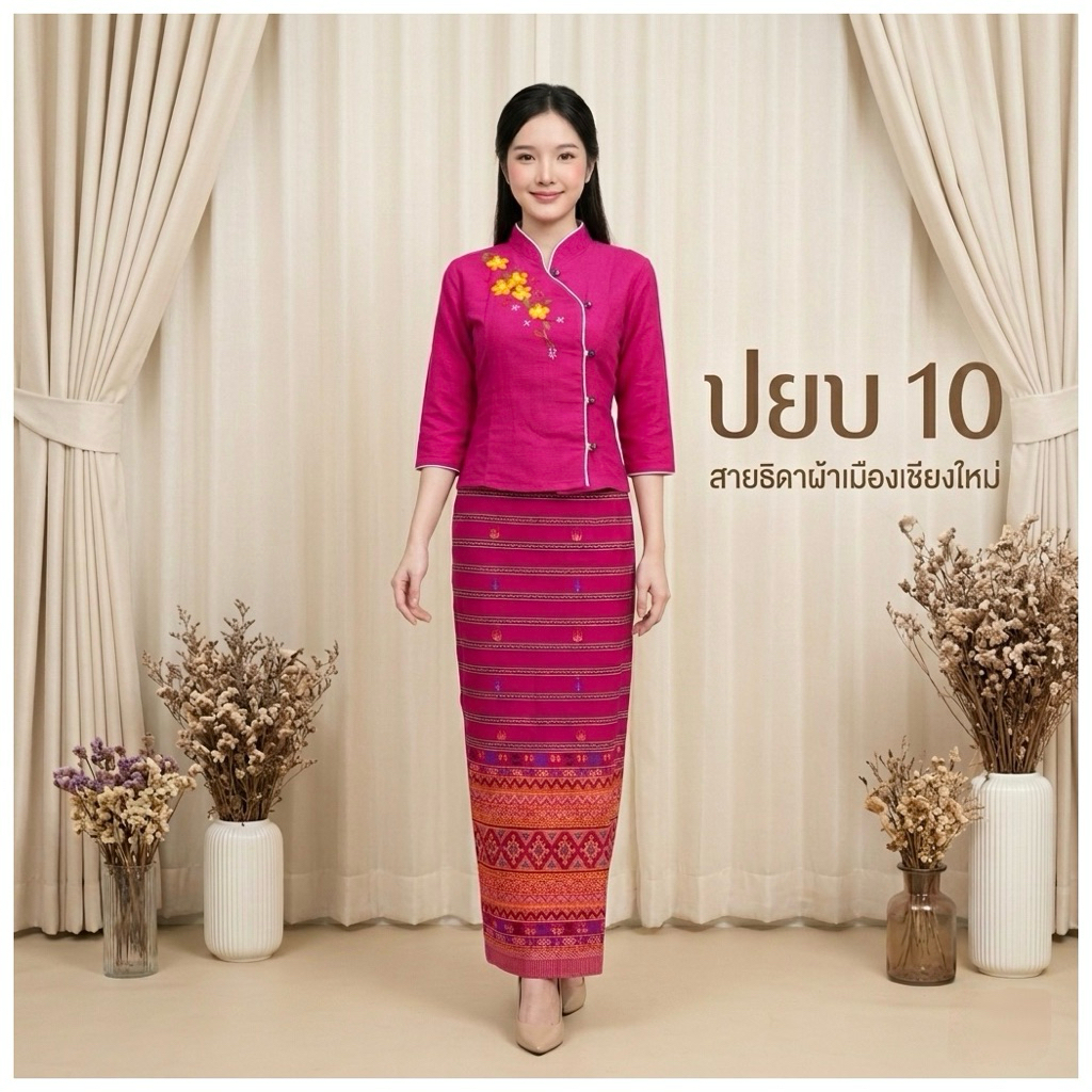 ชุดพื้นเมืองปักดอกไม้(งานปักมือ) แขนสามส่วน สีบานเย็น เนื้อผ้าฝ้ายไม่อัดกาว