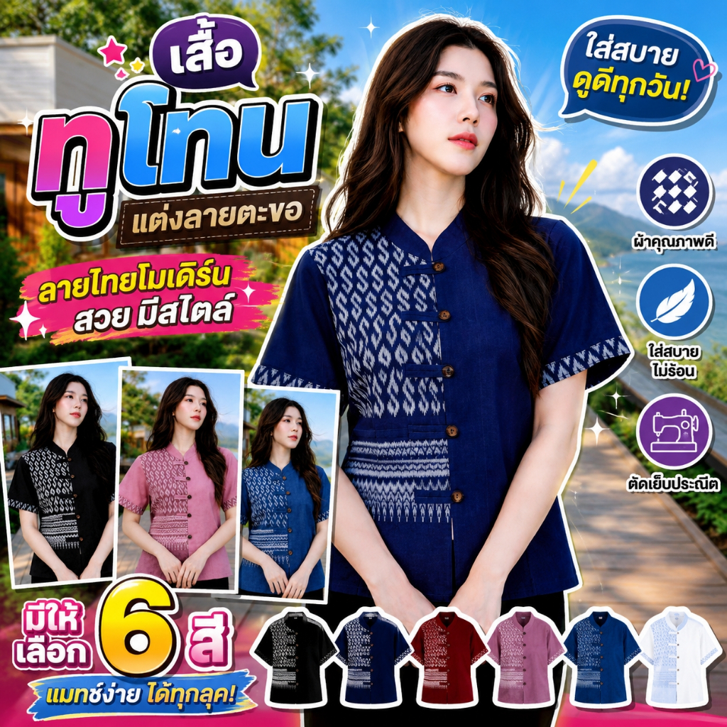 เสื้อผ้าฝ้ายแต่งลายตะขอ - แต่งลายทูโทน