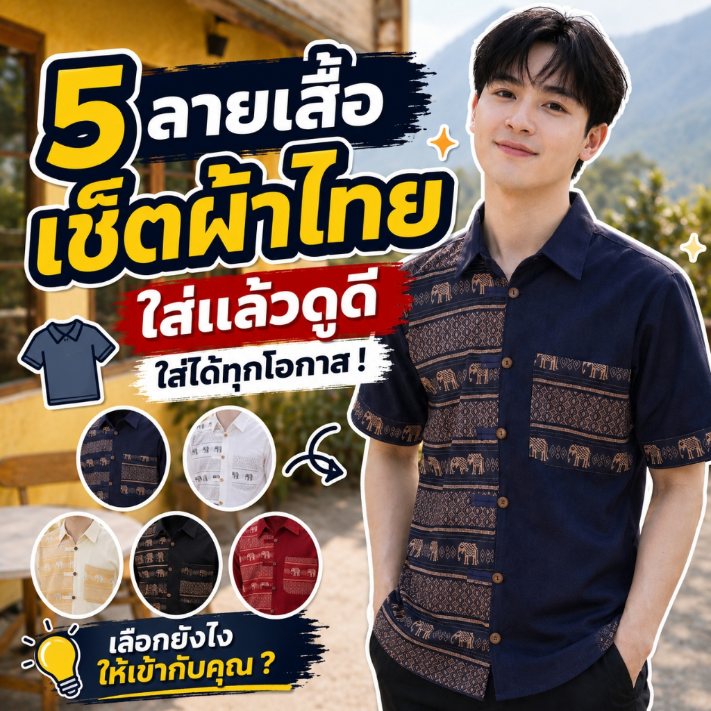 เสื้อผ้าฝ้ายคอเชิ้ตชาย - ตกแต่งด้วยลายช้างไทย