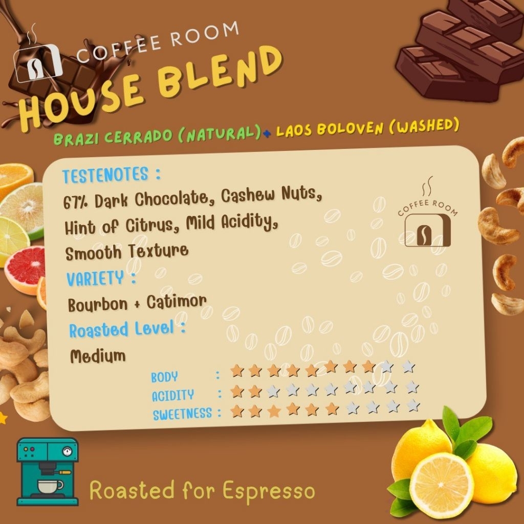Coffee Room | House Blend (Brazil Cerrado + Laos Boloven ) เมล็ดกาแฟคั่วกลาง