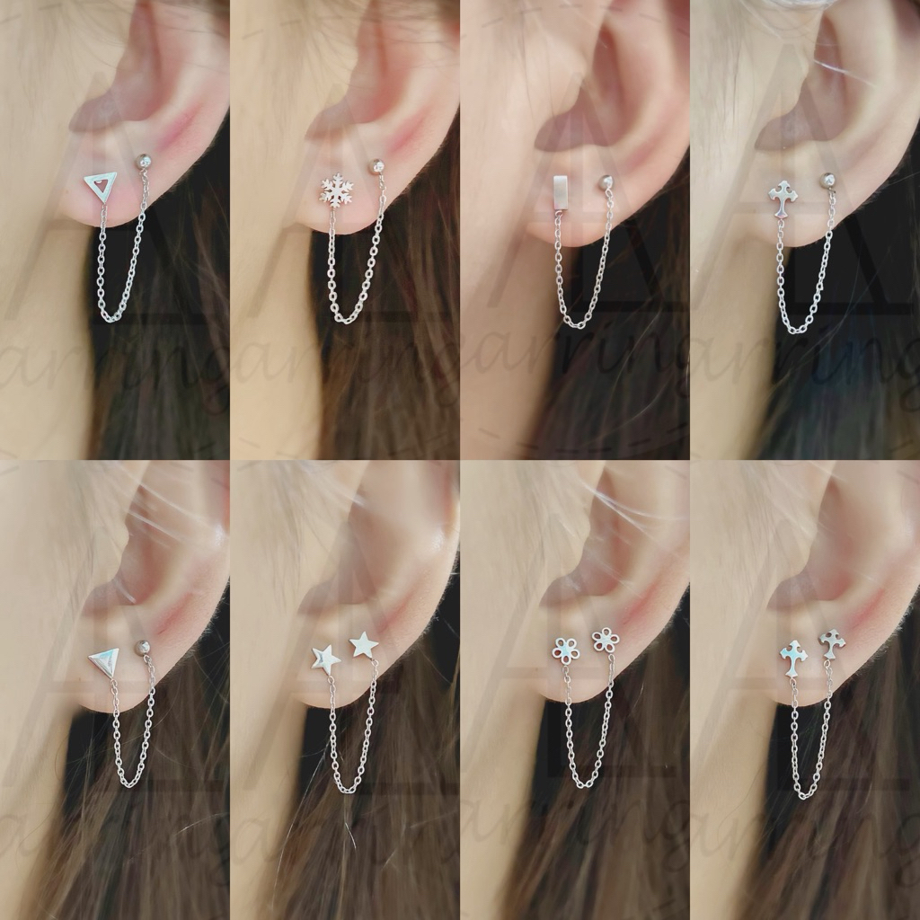 [ราคาต่อ1ชิ้น(1ข้าง)] ต่างหูสายโซ่ ความยาวโซ่5cm ต้องเจาะหูทั้ง2รู สินค้าเป็นงานสแตนเลส
